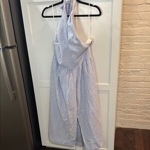NWT J. Crew Blue and White seersucker tie neck dress in size 10
